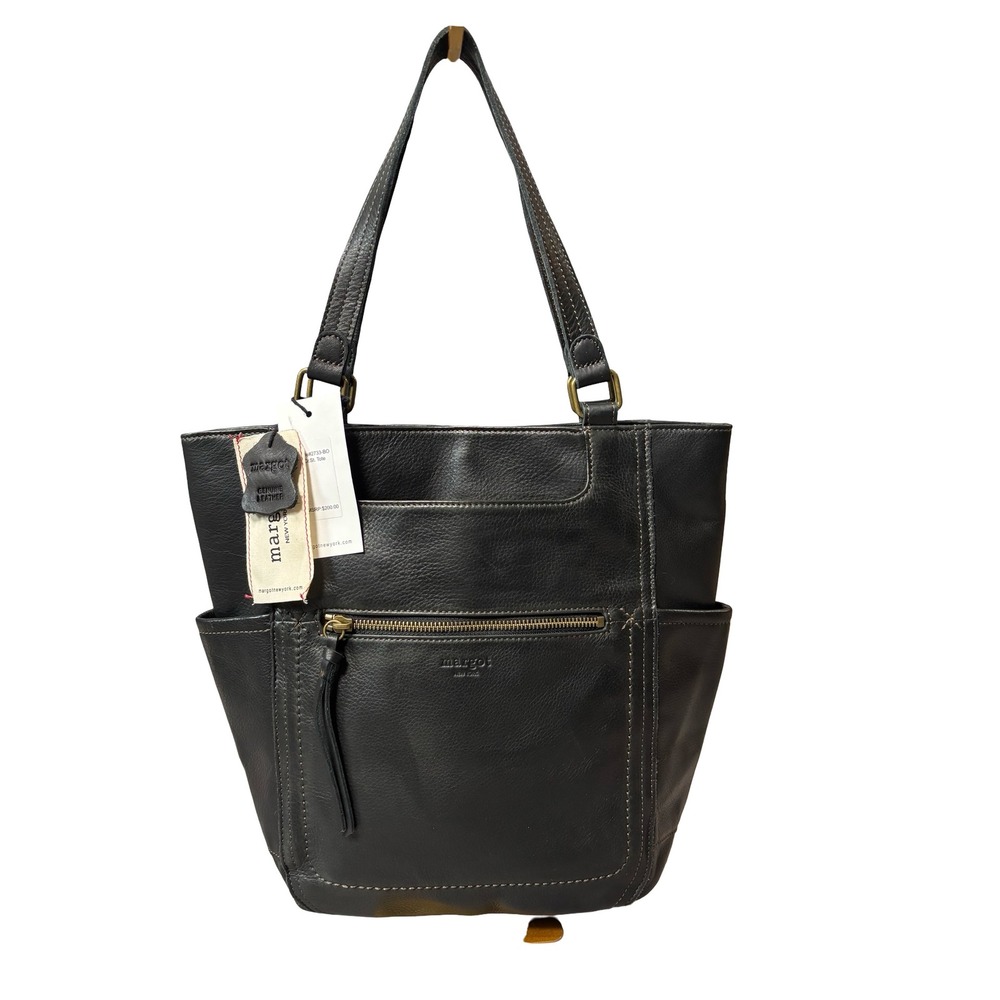 Margot New York Marcy Black Pebbled Leather Multi Pocket Tote Bag NWT